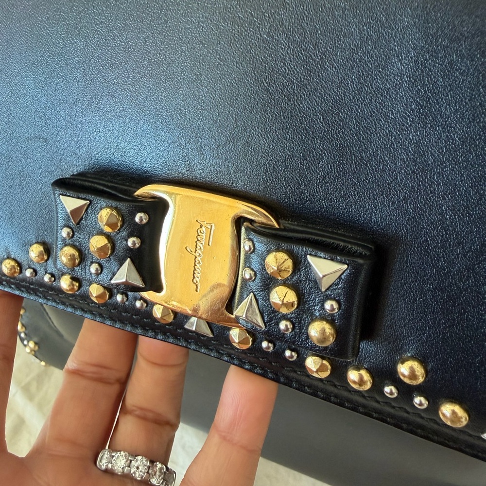 Salvatore Ferragamo Black Leather Satchel with Gold & Silver Studs - Picture 10 of 11